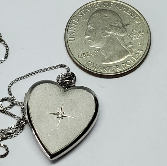 SOLD Sterling Silver Heart Locket Matte Diamond Accent Necklace - Picture 5 of 8